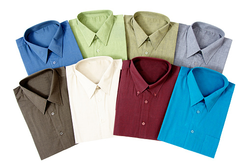 Eight Colourful Men's Shirts Isolated on White Background Button-down Shirts